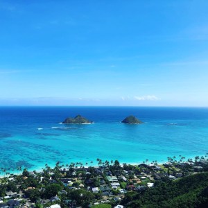 blue water with two offshore islands